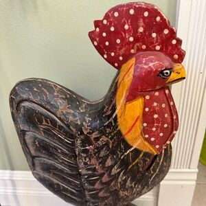 Vintage Carved Wooden Rooster Hand Painted Tones of Red Green & Black 20" Cute
